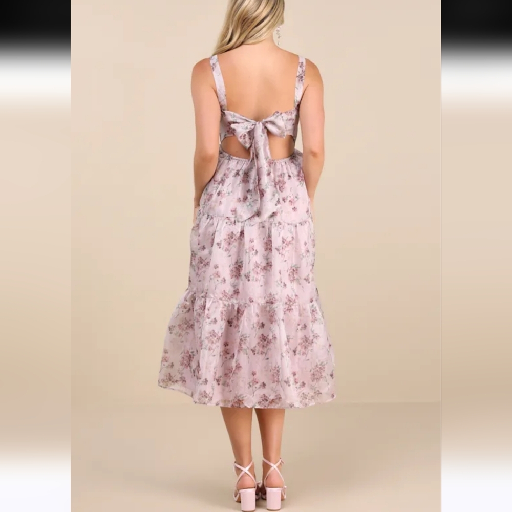 Lulus Marvelously Darling Mauve Floral Tiered Backless Midi Dress Cottagecore S - Picture 10 of 10